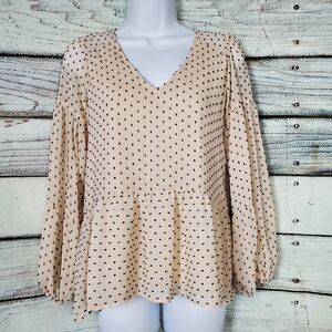 Maurices Women’s Blouse XS Beige Black Polka Dot Long Sleeve Peplum Top NWT